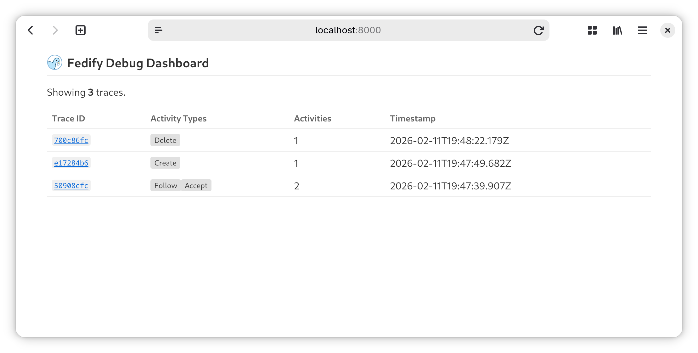 Traces list page of the debug dashboard